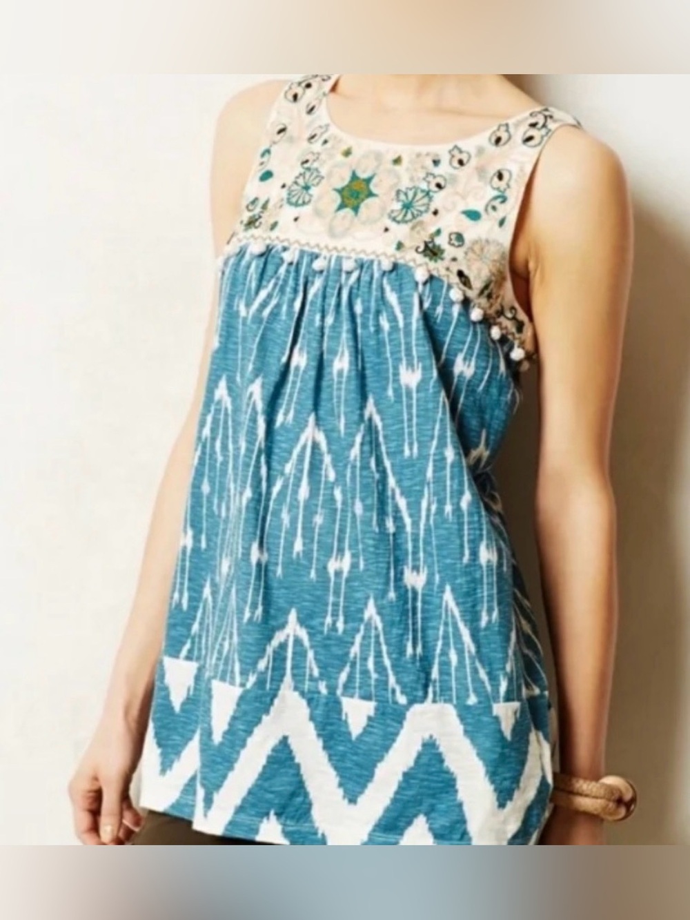 Anthro Floreat Cascata Embroidered Pom-Pom Accent Trim Tunic Tank - Boho - NWOT